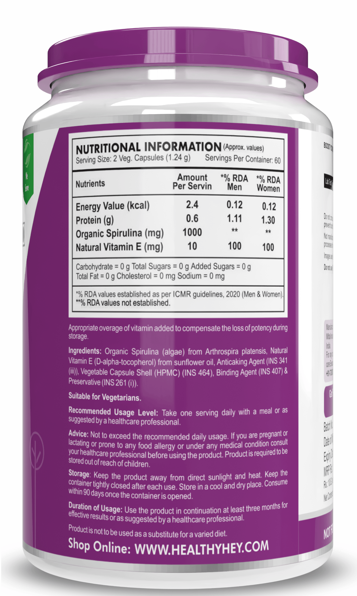 HealthyHey Nutrition Capsule Spirulina,Natural Antioxidant & support cardiovascular 120 Veg capsules.