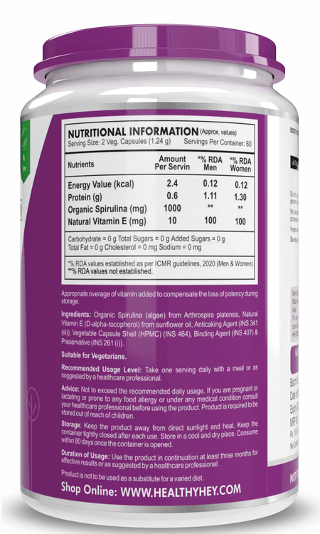 HealthyHey Nutrition Capsule Spirulina,Natural Antioxidant & support cardiovascular 120 Veg capsules.