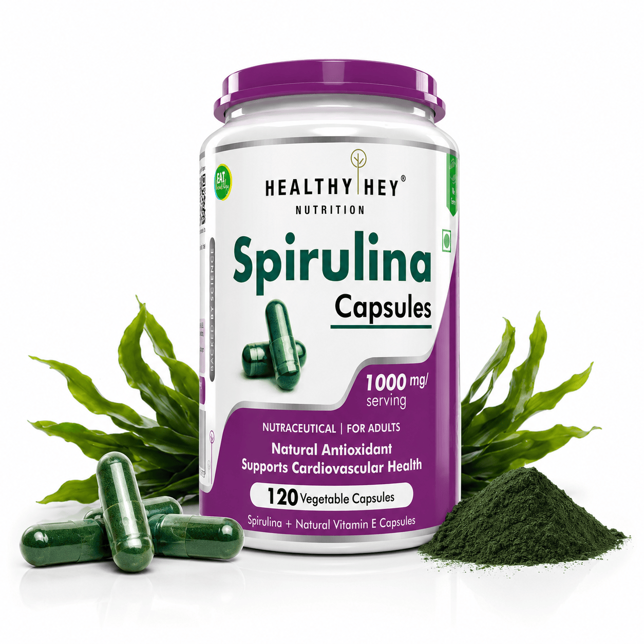 HealthyHey Nutrition Capsule Spirulina,Natural Antioxidant & support cardiovascular 120 Veg capsules.