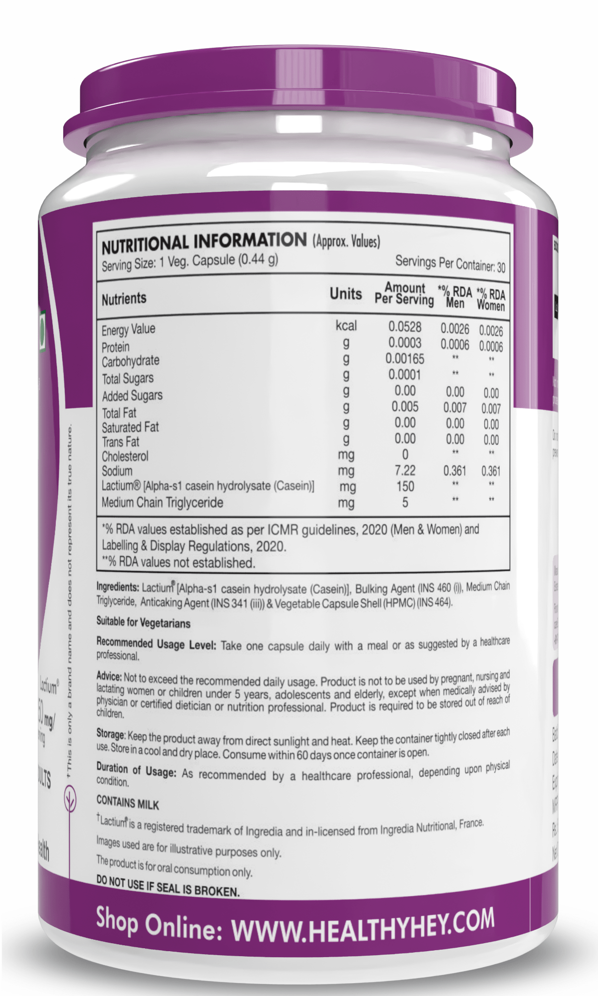 HealthyHey Nutrition Capsule StressEnd - Stress & Anxiety Relief Supplement - Scientifically Proven Lactium Peptide - Non-GMO, Gluten-Free-30 Vege capsules