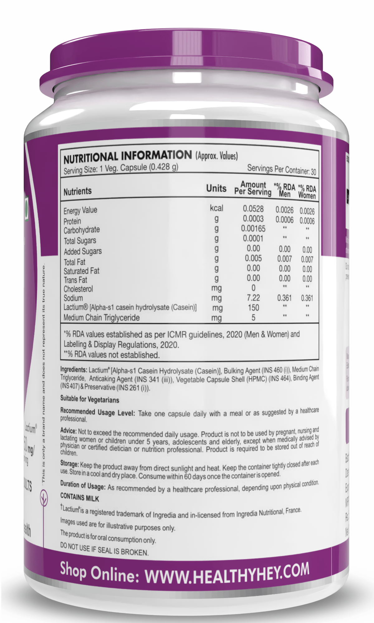 HealthyHey Nutrition Capsule StressEnd - Stress & Anxiety Relief Supplement - Scientifically Proven Lactium Peptide - Non-GMO, Gluten-Free-30 Vege capsules