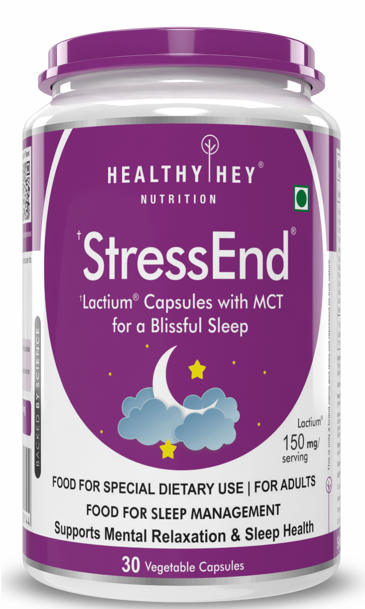 HealthyHey Nutrition Capsule StressEnd - Stress & Anxiety Relief Supplement - Scientifically Proven Lactium Peptide - Non-GMO, Gluten-Free-30 Vege capsules