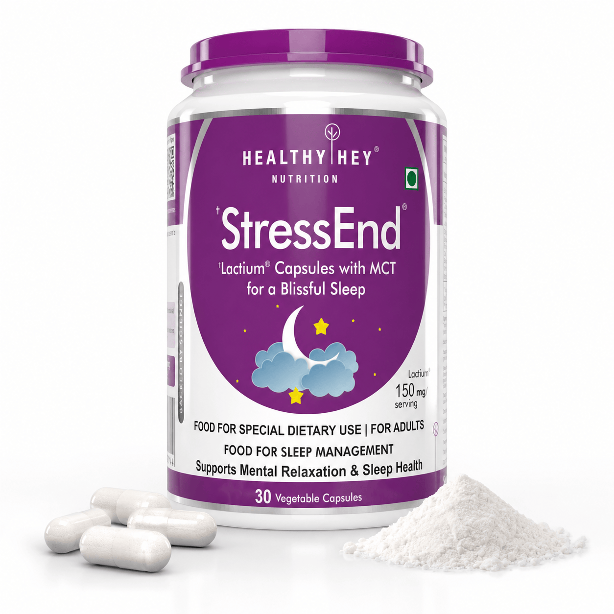 HealthyHey Nutrition Capsule StressEnd - Stress & Anxiety Relief Supplement - Scientifically Proven Lactium Peptide - Non-GMO, Gluten-Free-30 Vege capsules