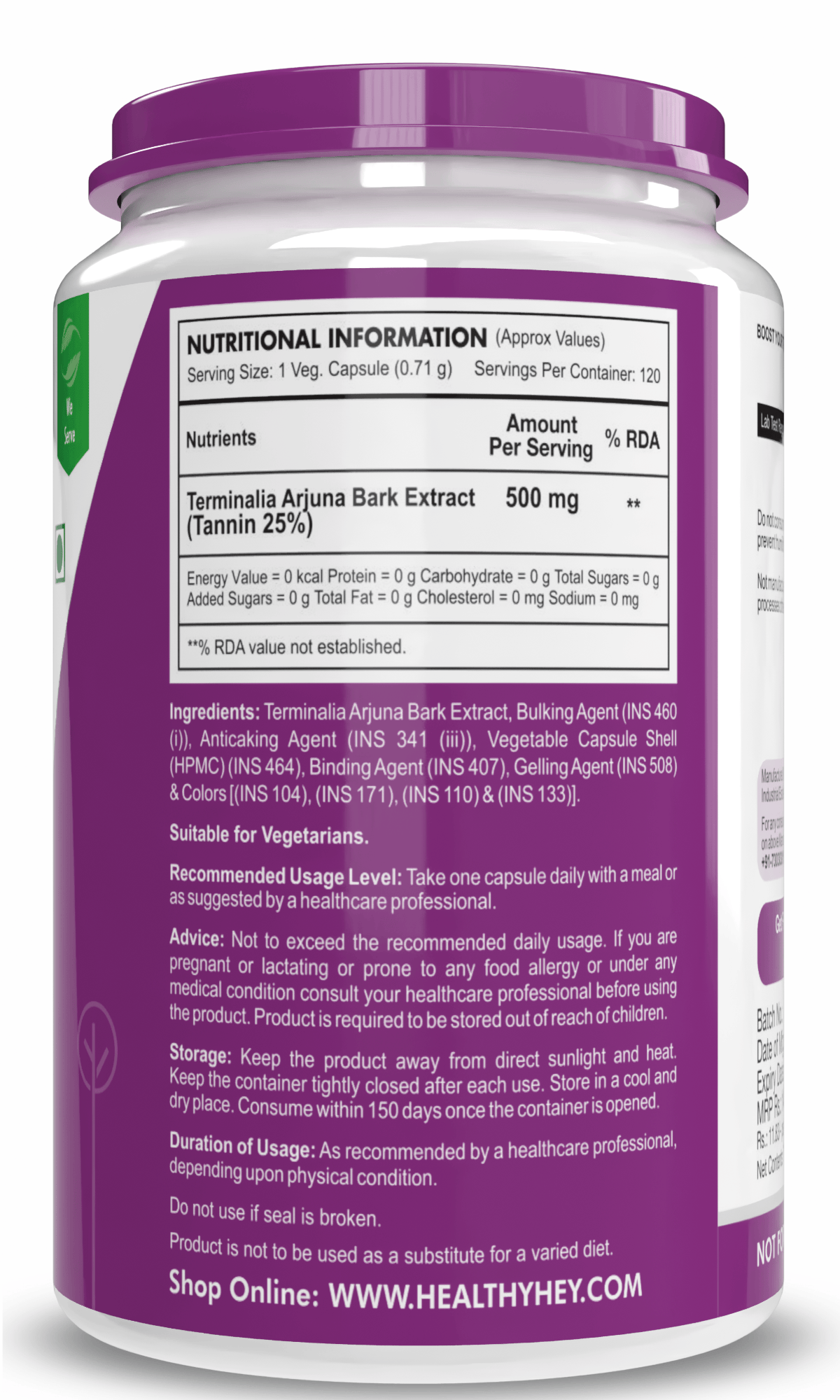 HealthyHey Nutrition Capsule Terminalia Arjuna Bark Extract, Support Heart Health -Tannin 120 Veg Capsules