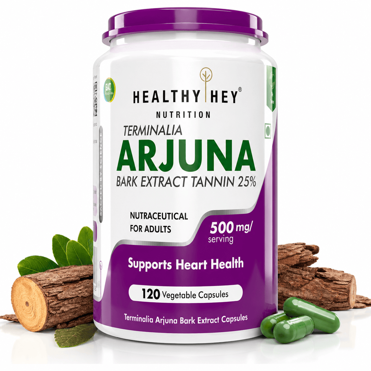 HealthyHey Nutrition Capsule Terminalia Arjuna Bark Extract, Support Heart Health -Tannin 120 Veg Capsules