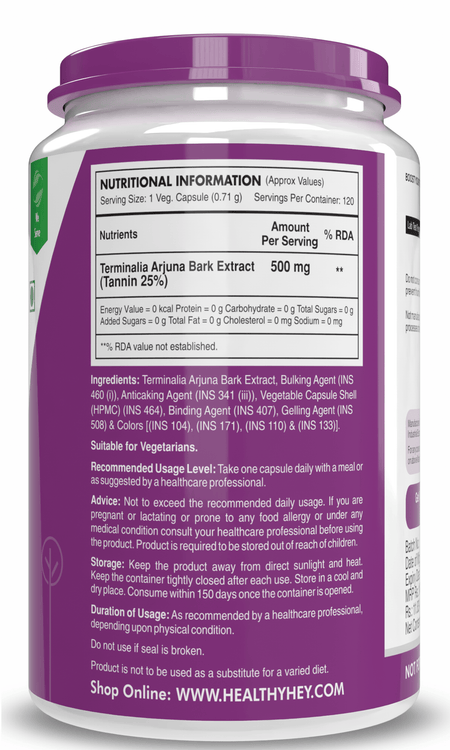 HealthyHey Nutrition Capsule Terminalia Arjuna Bark Extract, Support Heart Health -Tannin 120 Veg Capsules