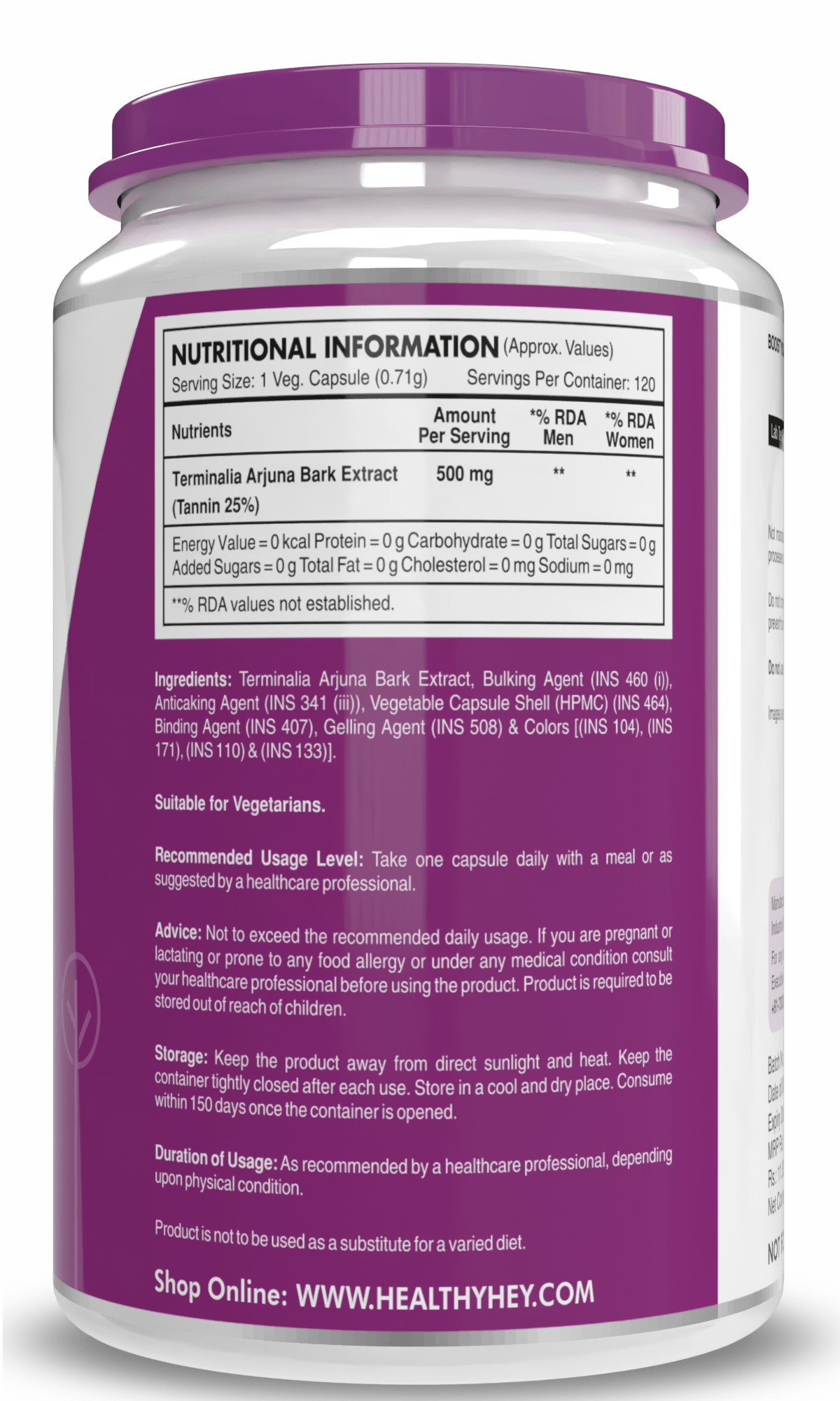 HealthyHey Nutrition Capsule Terminalia Arjuna Bark Extract, Support Heart Health -Tannin 120 Veg Capsules