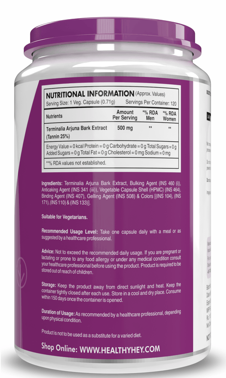 HealthyHey Nutrition Capsule Terminalia Arjuna Bark Extract, Support Heart Health -Tannin 120 Veg Capsules