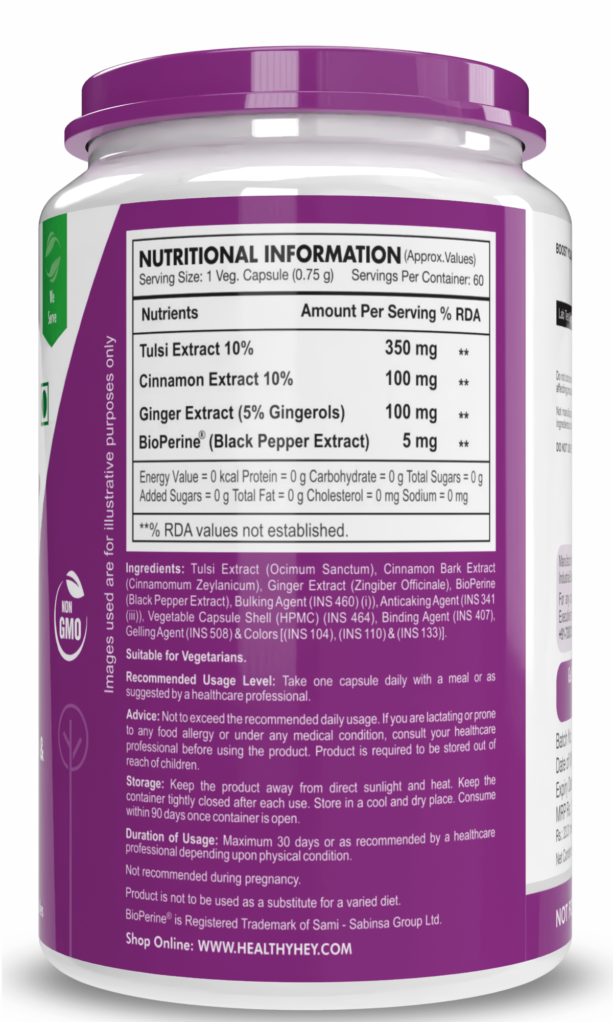 HealthyHey Nutrition Capsule Tulsi Cinnamon, Support Immunity,Heart Health blood Glucose Level Black Pepper & Ginger Extract Formula for Immunity - 60 Veg Capsules