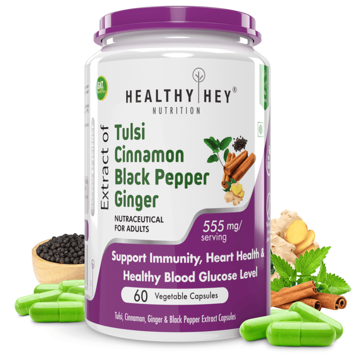 HealthyHey Nutrition Capsule Tulsi Cinnamon, Support Immunity,Heart Health blood Glucose Level Black Pepper & Ginger Extract Formula for Immunity - 60 Veg Capsules