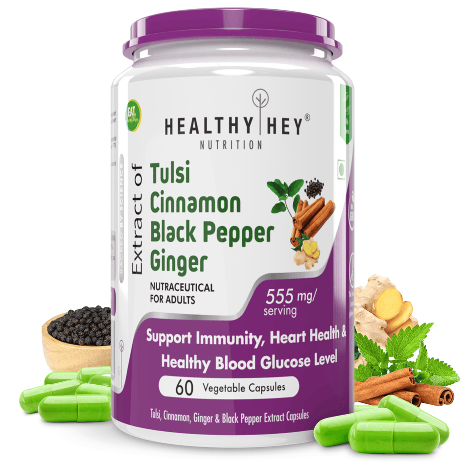 HealthyHey Nutrition Capsule Tulsi Cinnamon, Support Immunity,Heart Health blood Glucose Level Black Pepper & Ginger Extract Formula for Immunity - 60 Veg Capsules