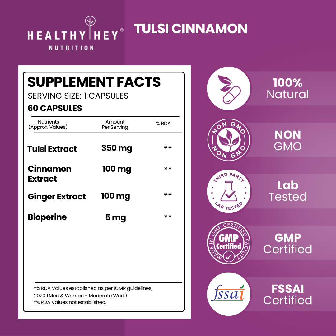 HealthyHey Nutrition Capsule Tulsi Cinnamon, Support Immunity,Heart Health blood Glucose Level Black Pepper & Ginger Extract Formula for Immunity - 60 Veg Capsules
