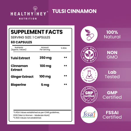 HealthyHey Nutrition Capsule Tulsi Cinnamon, Support Immunity,Heart Health blood Glucose Level Black Pepper & Ginger Extract Formula for Immunity - 60 Veg Capsules