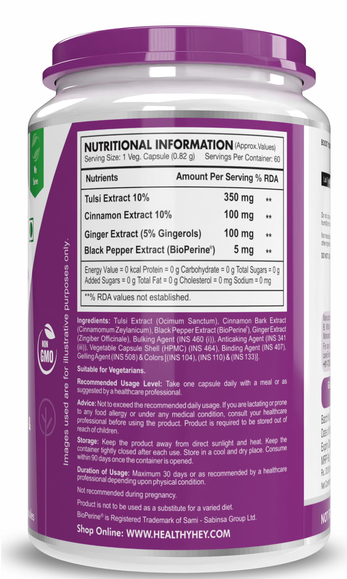 HealthyHey Nutrition Capsule Tulsi Cinnamon, Support Immunity,Heart Health blood Glucose Level Black Pepper & Ginger Extract Formula for Immunity - 60 Veg Capsules