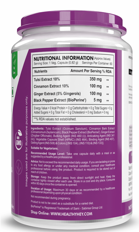 HealthyHey Nutrition Capsule Tulsi Cinnamon, Support Immunity,Heart Health blood Glucose Level Black Pepper & Ginger Extract Formula for Immunity - 60 Veg Capsules