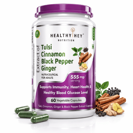 HealthyHey Nutrition Capsule Tulsi Cinnamon, Support Immunity,Heart Health blood Glucose Level Black Pepper & Ginger Extract Formula for Immunity - 60 Veg Capsules