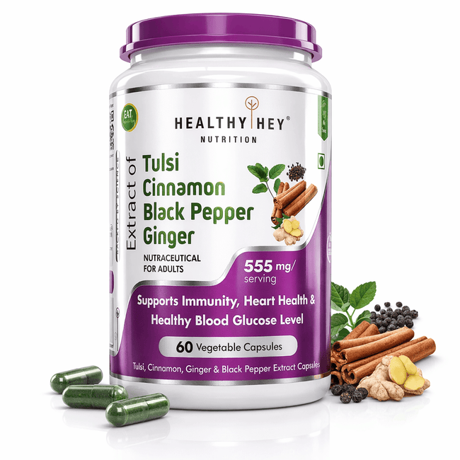 HealthyHey Nutrition Capsule Tulsi Cinnamon, Support Immunity,Heart Health blood Glucose Level Black Pepper & Ginger Extract Formula for Immunity - 60 Veg Capsules