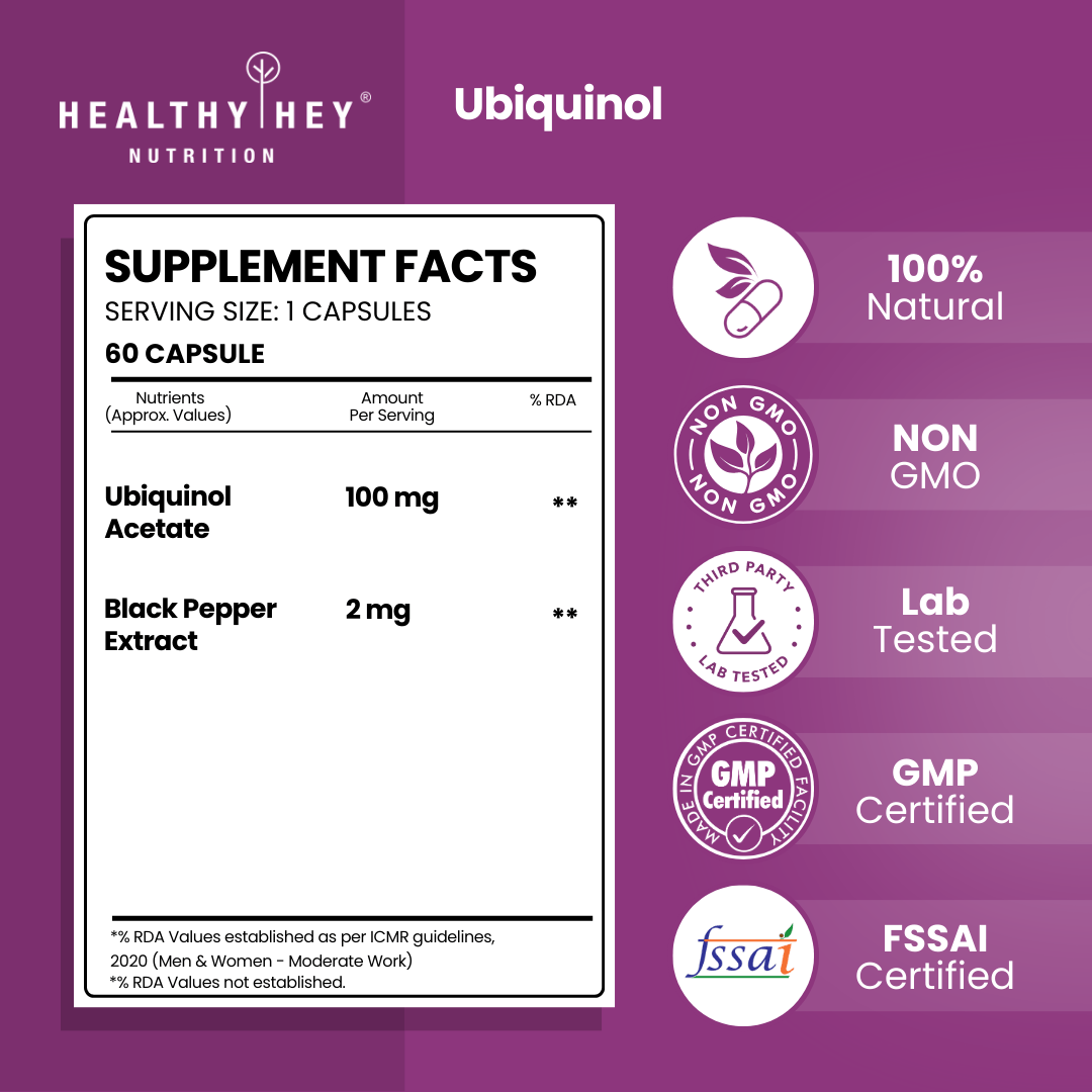HealthyHey Nutrition Capsule Ubiquinol Acetate, Support Heart Health -60 Veg Capsules
