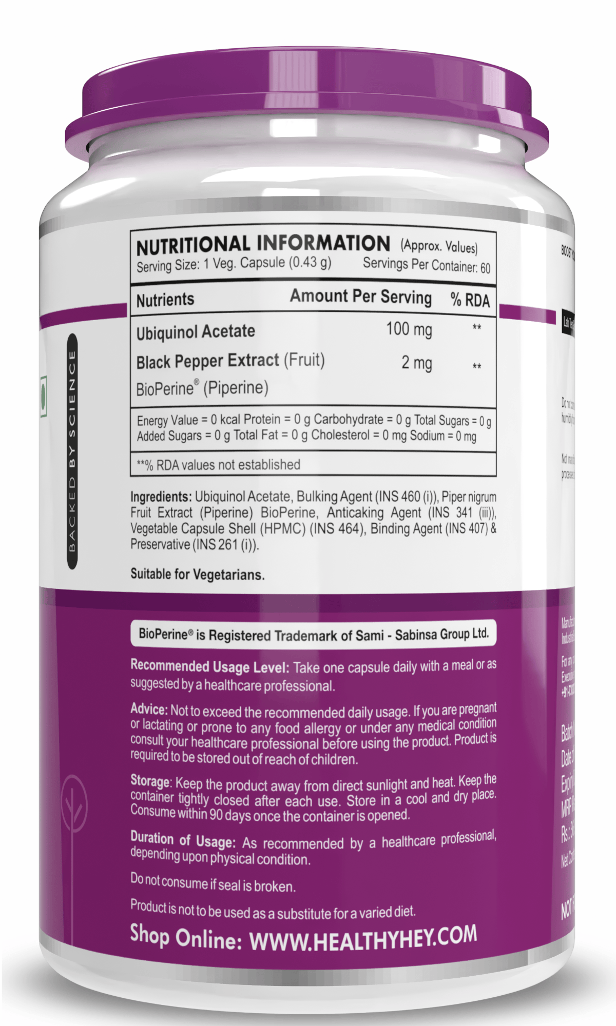 HealthyHey Nutrition Capsule Ubiquinol Acetate, Support Heart Health -60 Veg Capsules