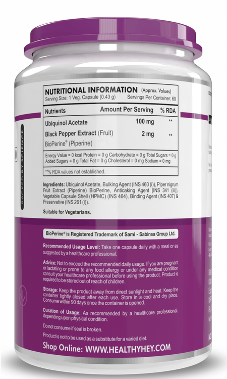 HealthyHey Nutrition Capsule Ubiquinol Acetate, Support Heart Health -60 Veg Capsules