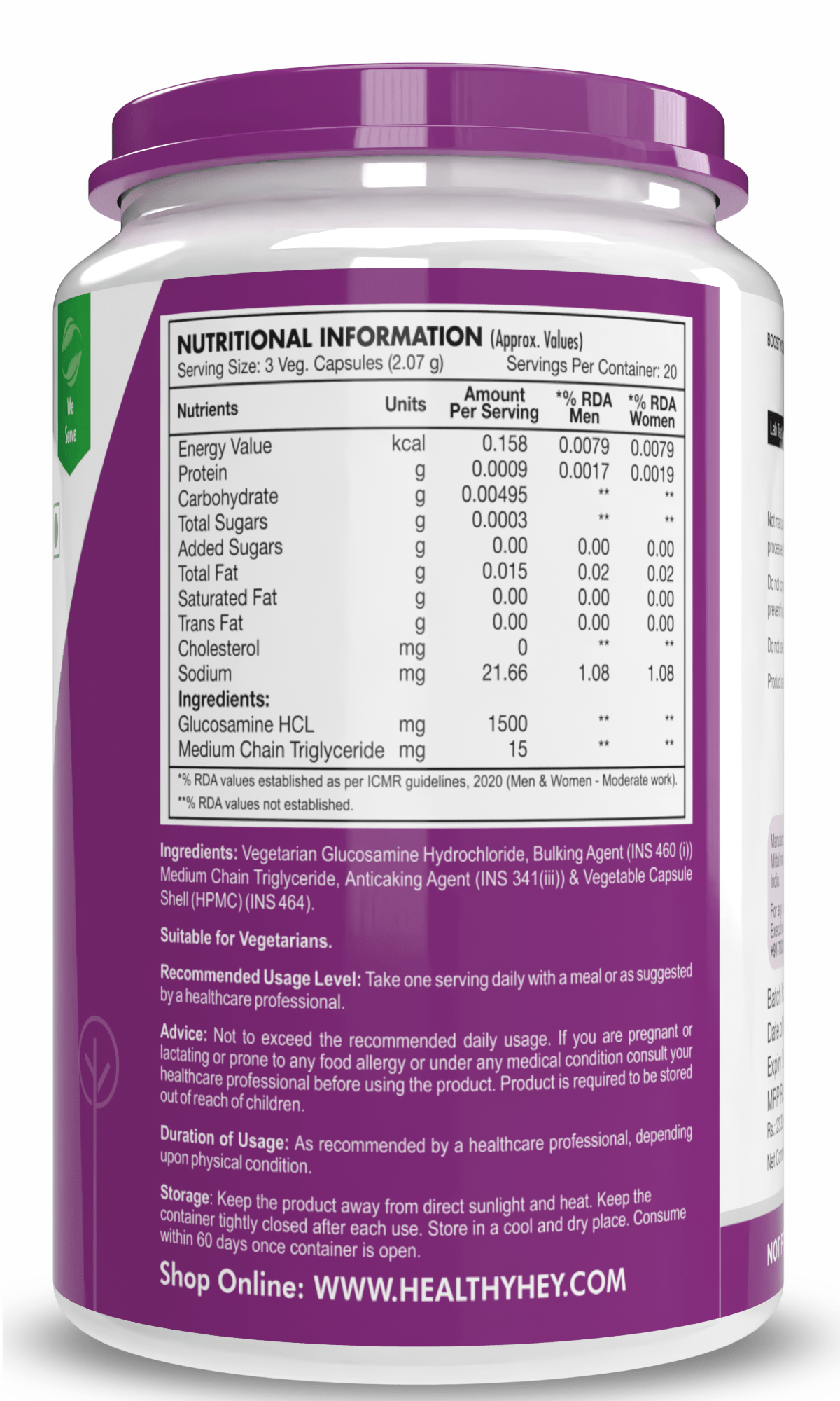 HealthyHey Nutrition Capsule Vegetarian Glucosamine,Support joint Health (Non-Shellfish Derived) - 60 Veg Capsules