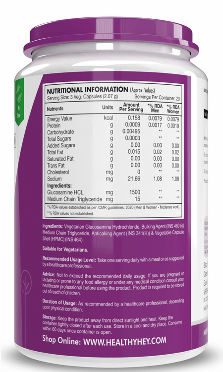 HealthyHey Nutrition Capsule Vegetarian Glucosamine,Support joint Health (Non-Shellfish Derived) - 60 Veg Capsules