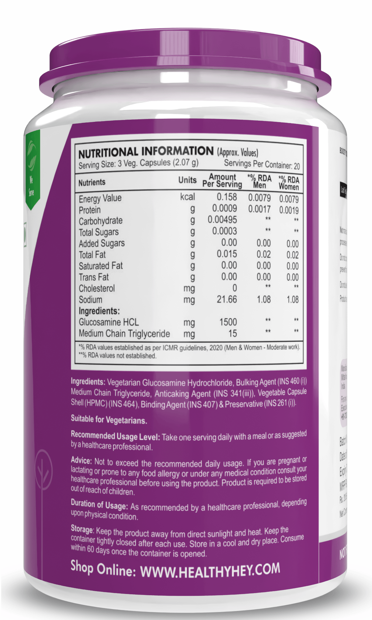 HealthyHey Nutrition Capsule Vegetarian Glucosamine,Support joint Health (Non-Shellfish Derived) - 60 Veg Capsules