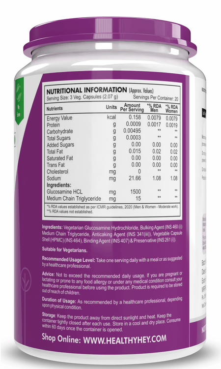 HealthyHey Nutrition Capsule Vegetarian Glucosamine,Support joint Health (Non-Shellfish Derived) - 60 Veg Capsules