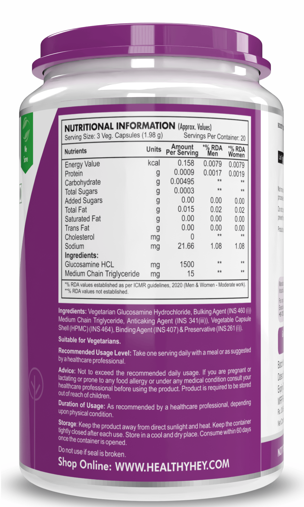 HealthyHey Nutrition Capsule Vegetarian Glucosamine,Support joint Health (Non-Shellfish Derived) - 60 Veg Capsules