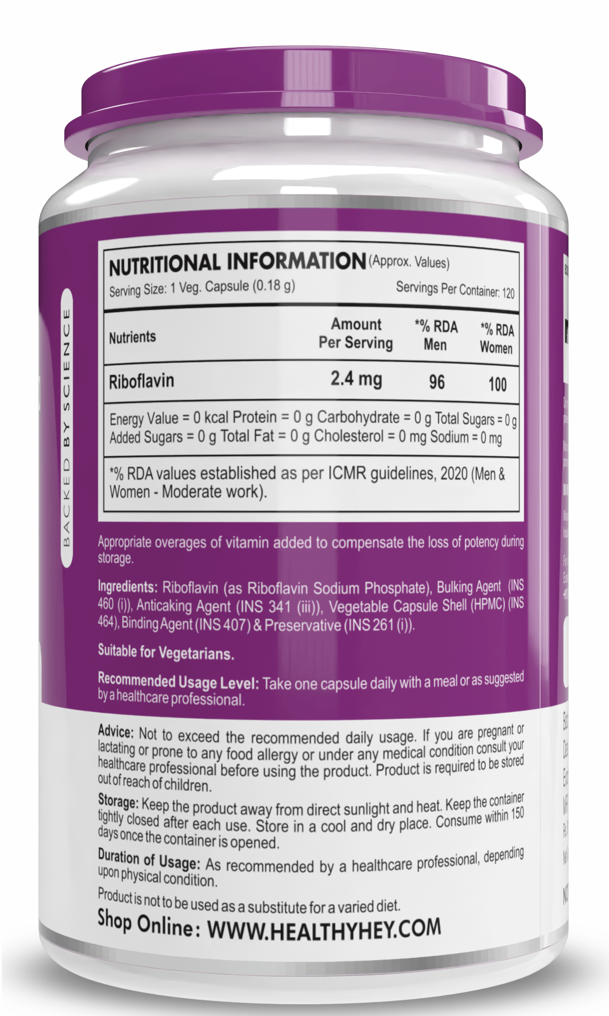 HealthyHey Nutrition Capsule Vitamin B2, Support Thyroid Health - Riboflavin - 120 Veg Capsules