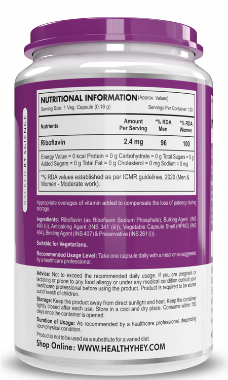 HealthyHey Nutrition Capsule Vitamin B2, Support Thyroid Health - Riboflavin - 120 Veg Capsules