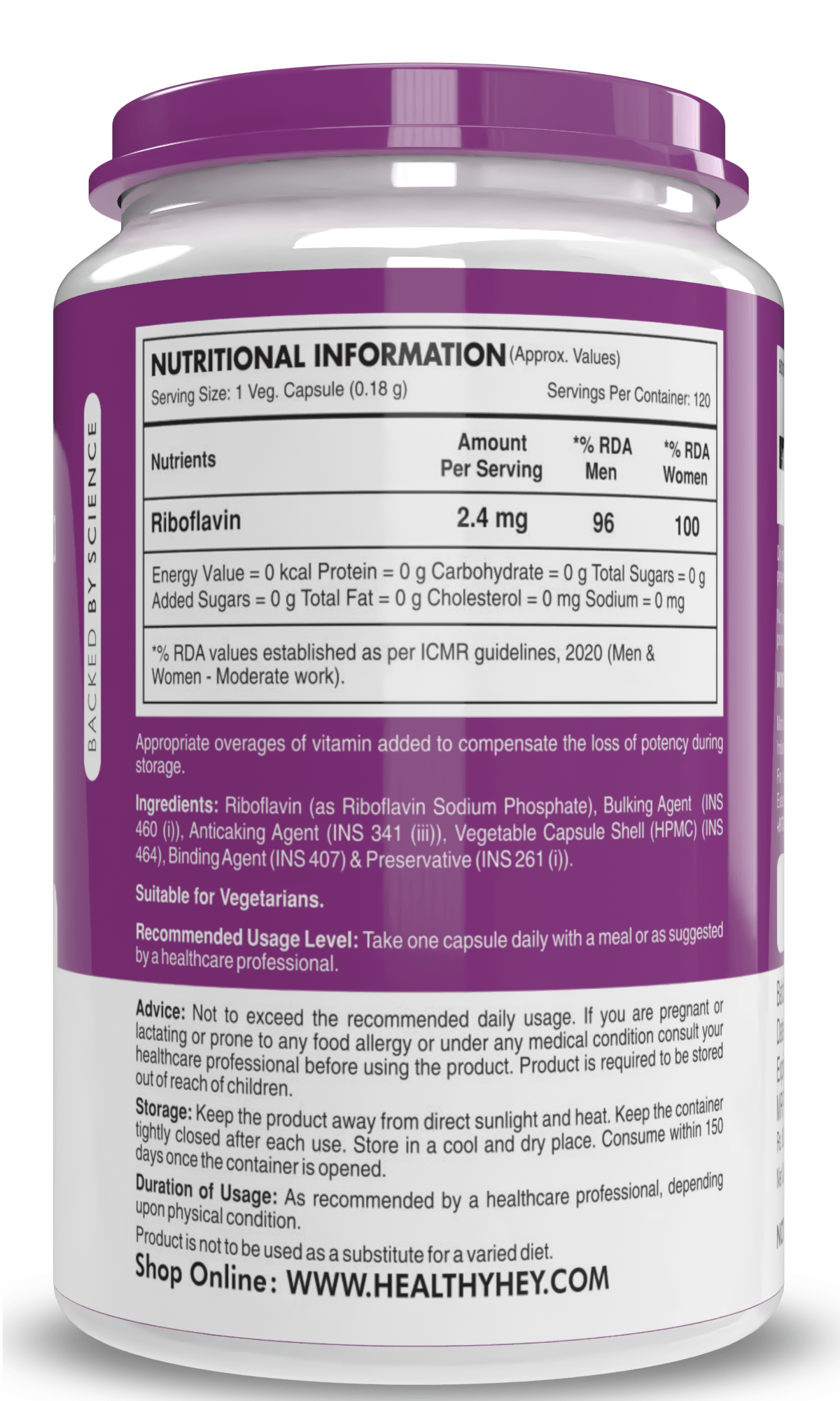 HealthyHey Nutrition Capsule Vitamin B2, Support Thyroid Health - Riboflavin - 120 Veg Capsules