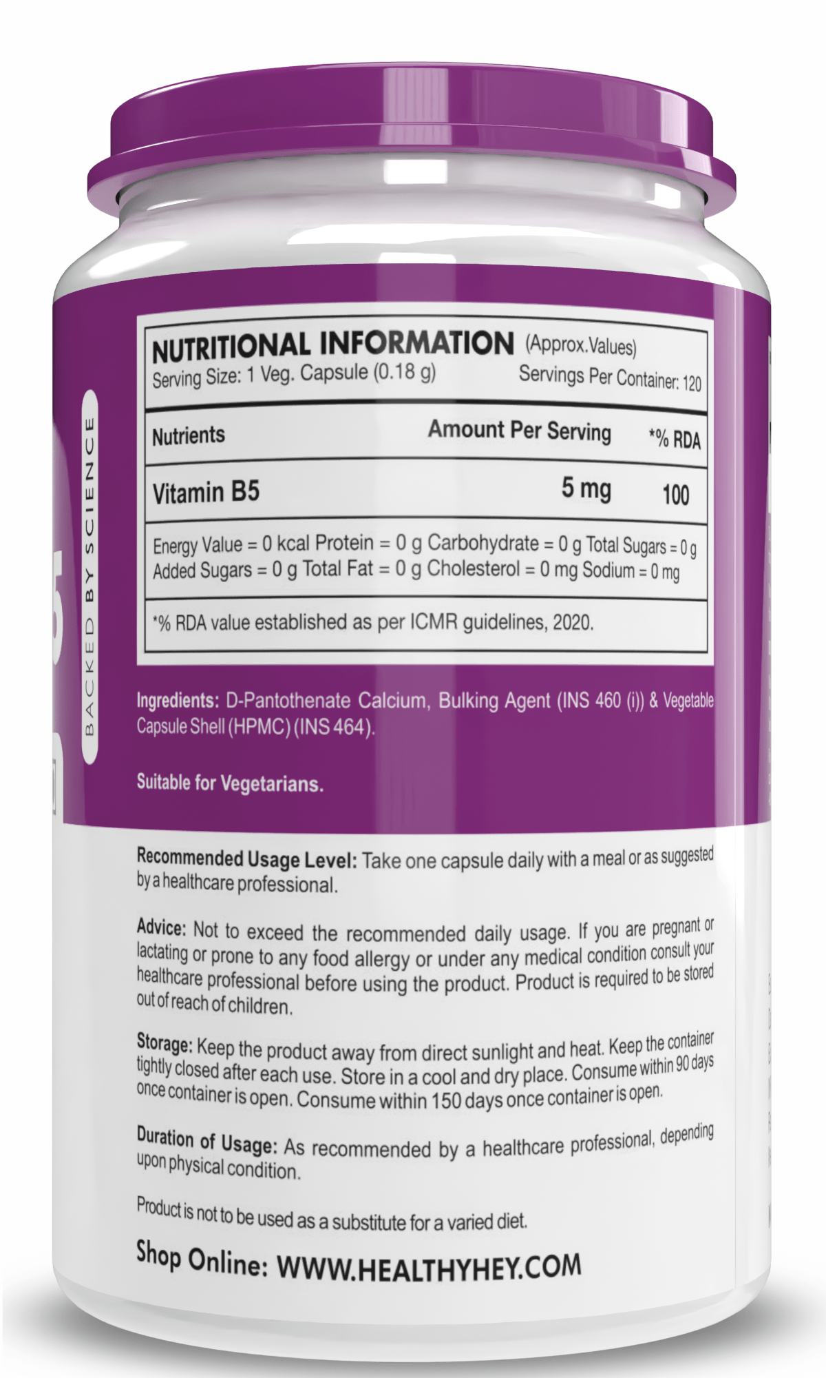 HealthyHey Nutrition Capsule Vitamin B5, Support skin & Hair Health D-Pantothenate 120 Veg. Capsules