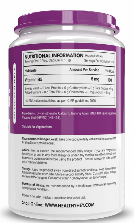 HealthyHey Nutrition Capsule Vitamin B5, Support skin & Hair Health D-Pantothenate 120 Veg. Capsules