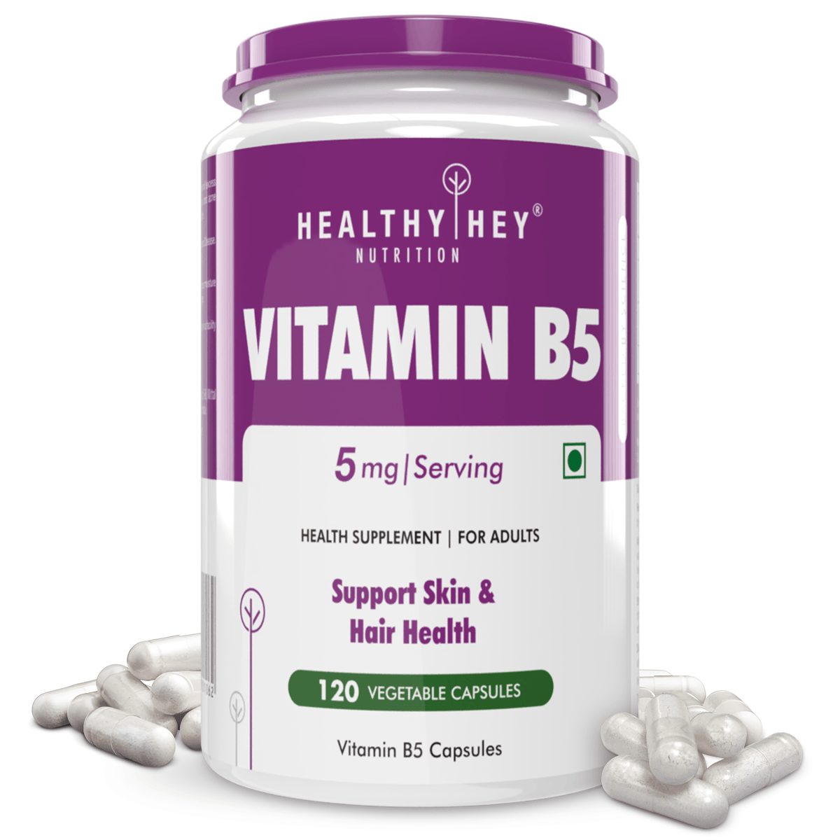 HealthyHey Nutrition Capsule Vitamin B5, Support skin & Hair Health D-Pantothenate 120 Veg. Capsules