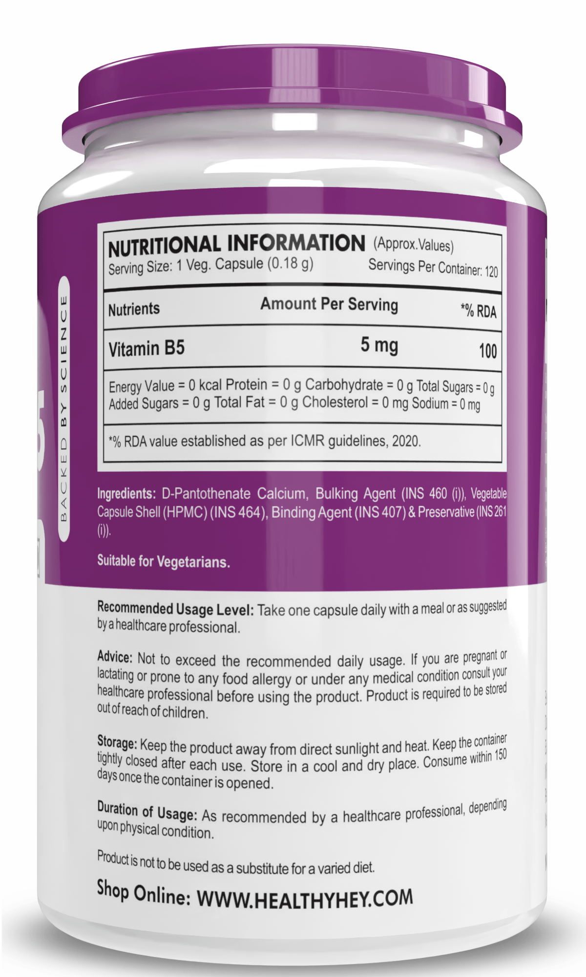 HealthyHey Nutrition Capsule Vitamin B5, Support skin & Hair Health D-Pantothenate 120 Veg. Capsules