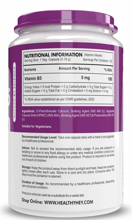 HealthyHey Nutrition Capsule Vitamin B5, Support skin & Hair Health D-Pantothenate 120 Veg. Capsules