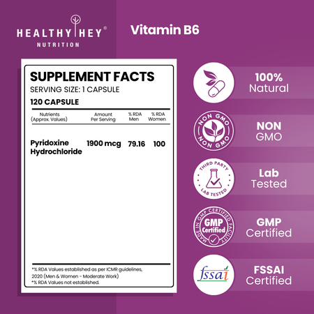 HealthyHey Nutrition Capsule Vitamin B6,Support Immune Health - 120 Veg. Capsules