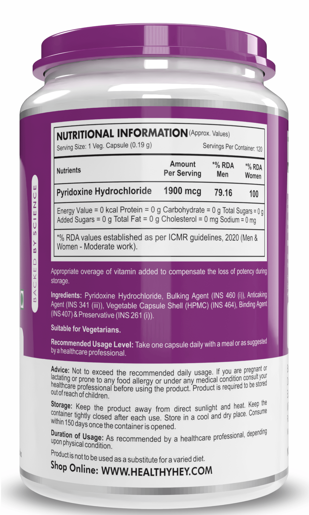 HealthyHey Nutrition Capsule Vitamin B6,Support Immune Health - 120 Veg. Capsules