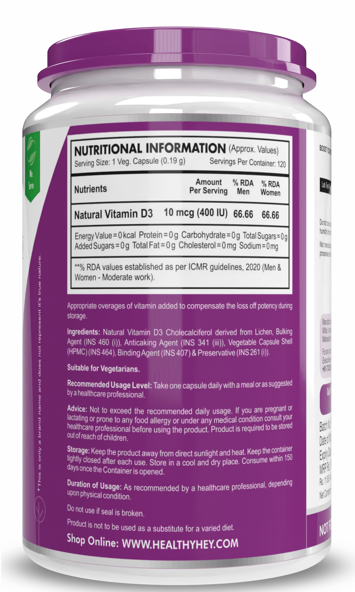 HealthyHey Nutrition Capsule Vitamin D3,Support Bone Health -Natural Plant Based - Non GMO - Gluten Free - 400 IU 120 Veg Capsules