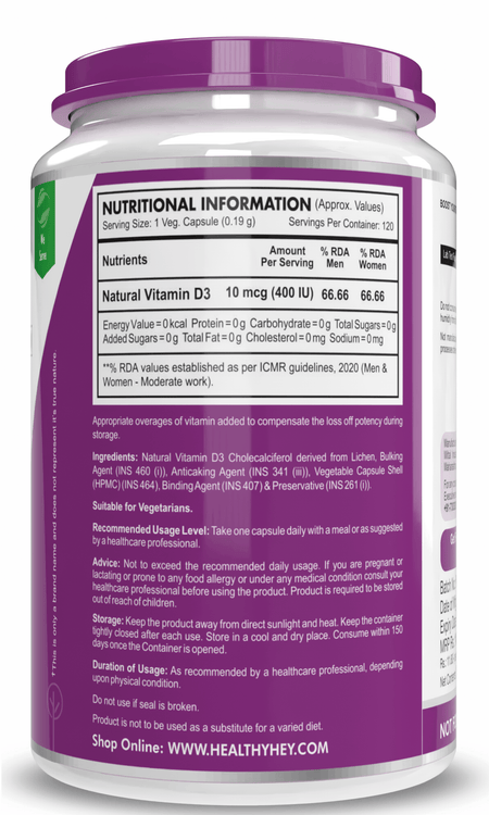 HealthyHey Nutrition Capsule Vitamin D3,Support Bone Health -Natural Plant Based - Non GMO - Gluten Free - 400 IU 120 Veg Capsules
