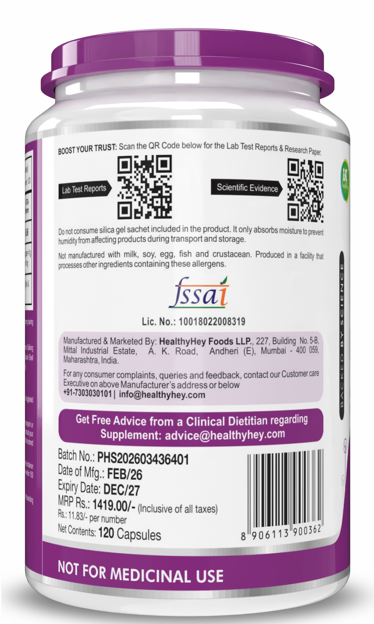HealthyHey Nutrition Capsule Vitamin D3,Support Bone Health -Natural Plant Based - Non GMO - Gluten Free - 400 IU 120 Veg Capsules