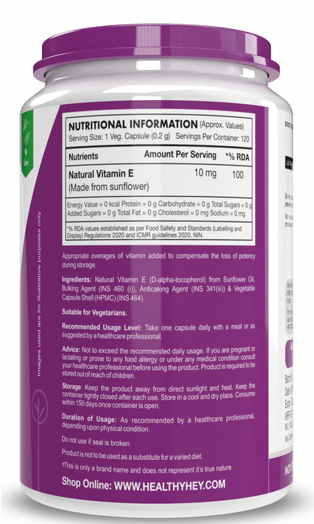 HealthyHey Nutrition Capsule Vitamin E Capsules,| Vitamin E for Skin & Hair | Sunflower - D-Alpha-Tocpherol -120 Veg Capsules