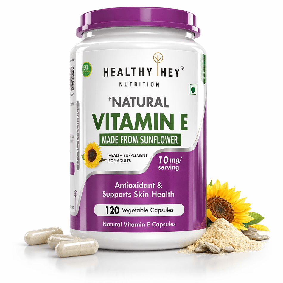 HealthyHey Nutrition Capsule Vitamin E Capsules,| Vitamin E for Skin & Hair | Sunflower - D-Alpha-Tocpherol -120 Veg Capsules