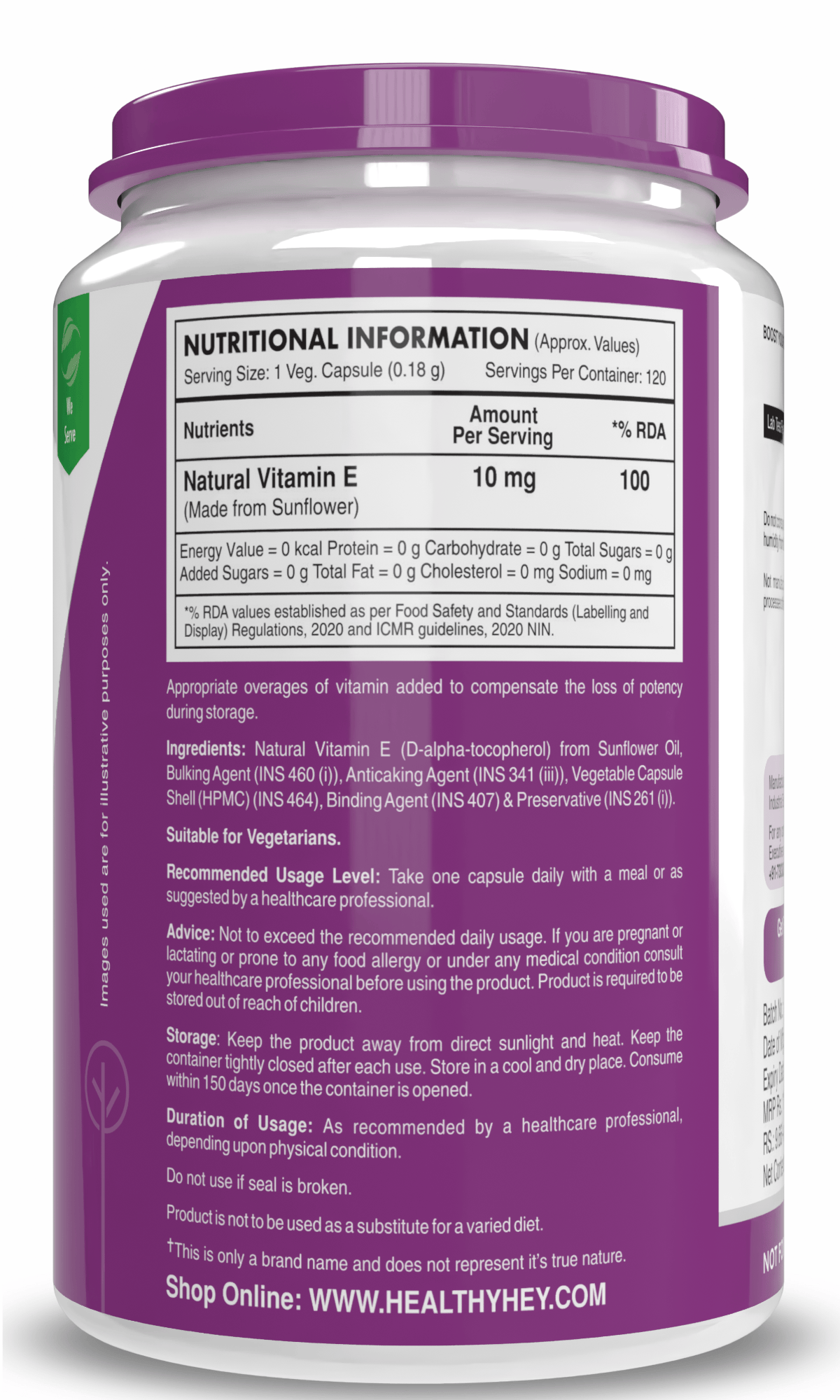 HealthyHey Nutrition Capsule Vitamin E Capsules,| Vitamin E for Skin & Hair | Sunflower - D-Alpha-Tocpherol -120 Veg Capsules