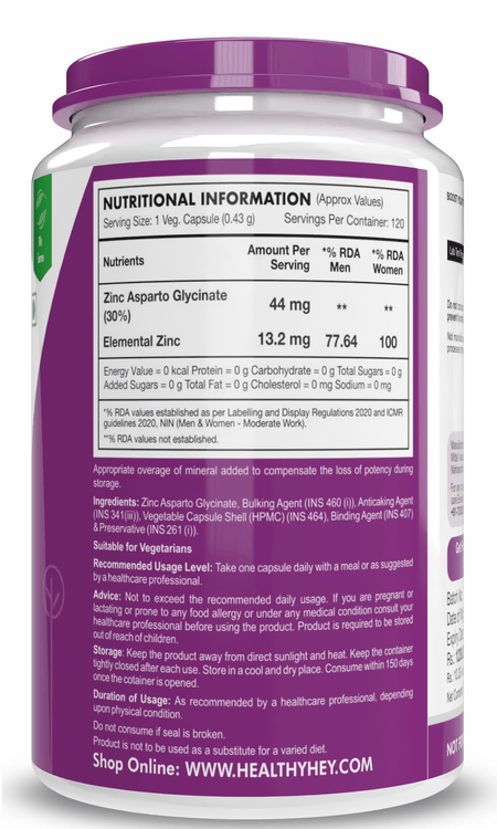 HealthyHey Nutrition Capsule Zinc Asparto Glycinate Capsules - Enhanced Absorption - Supports Immune System & Neurological Function - 120 CT
