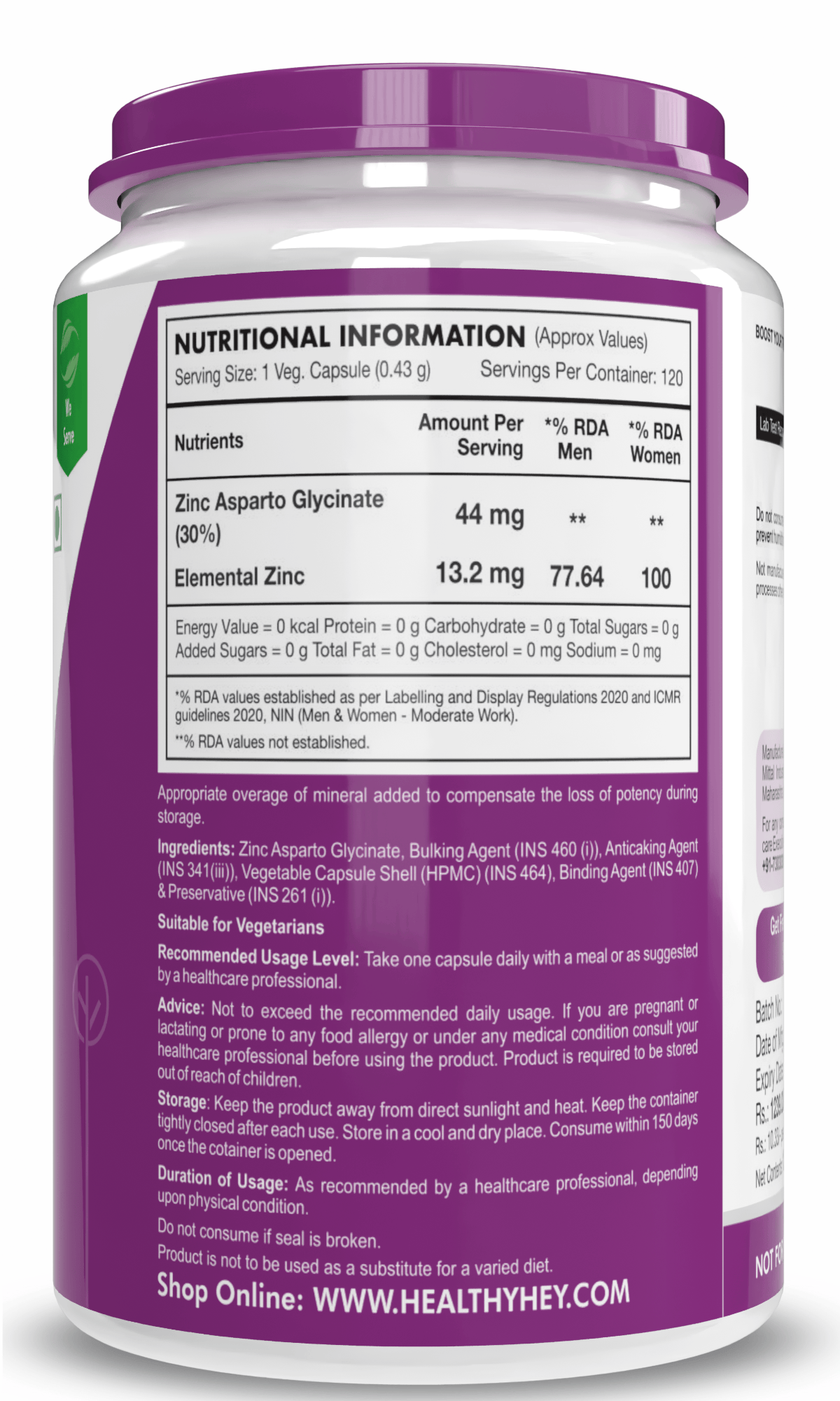 HealthyHey Nutrition Capsule Zinc Asparto Glycinate Capsules - Enhanced Absorption - Supports Immune System & Neurological Function - 120 CT