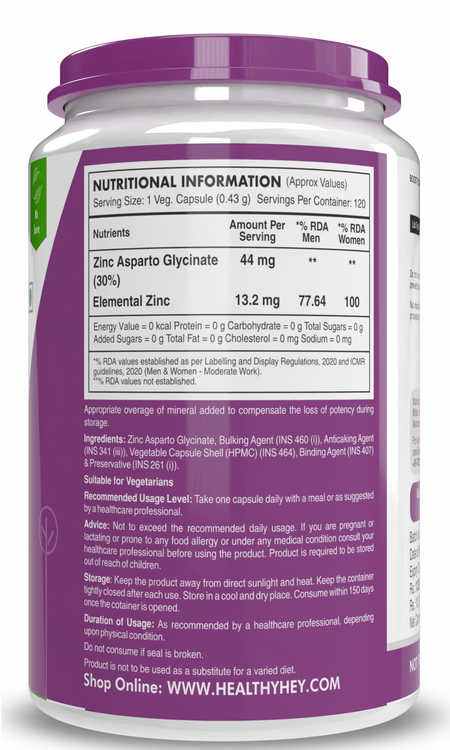 HealthyHey Nutrition Capsule Zinc Asparto Glycinate Capsules - Enhanced Absorption - Supports Immune System & Neurological Function - 120 CT