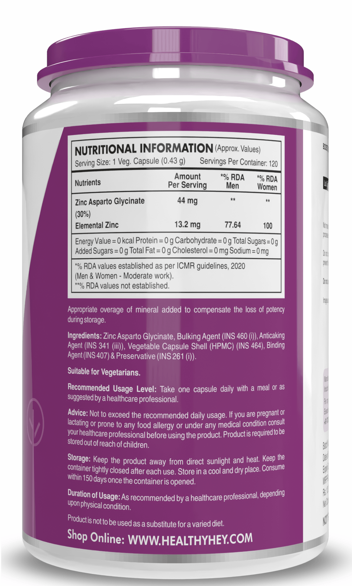 HealthyHey Nutrition Capsule Zinc Asparto Glycinate Capsules - Enhanced Absorption - Supports Immune System & Neurological Function - 120 CT