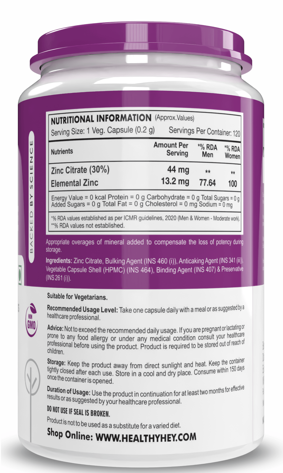 HealthyHey Nutrition Capsule Zinc Citrate, Supports Immune and Immunity - 120 Veg Capsules